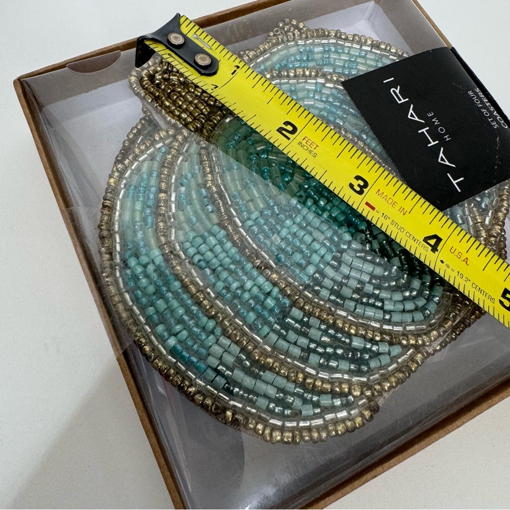 Tahari Home Set of 4 Pumpkin Drink Coasters Beaded Blue Aqua Teal & Gold New Nib - Picture 8 of 9